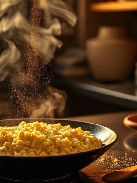 Risotto alla Milanese with saffron and adaptogens served in a minimalist Italian bowl