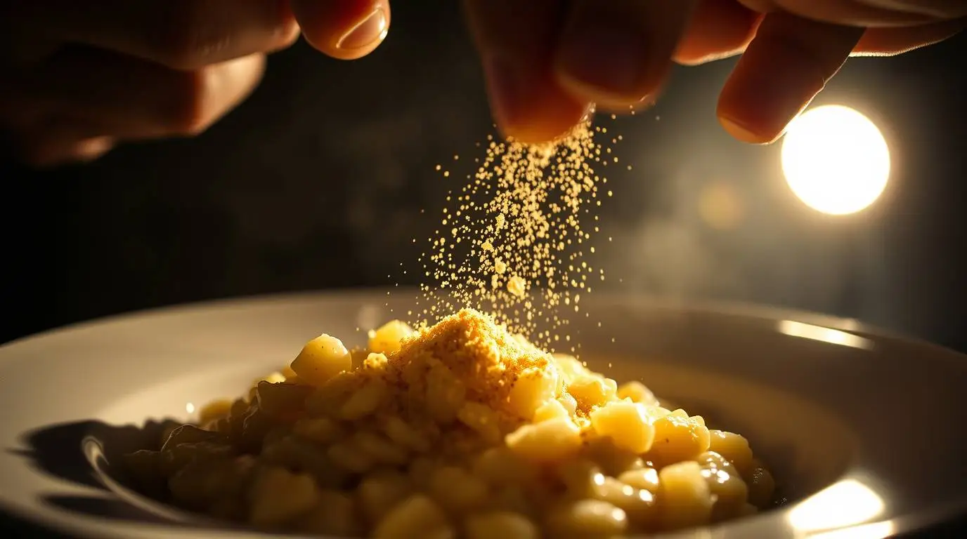small pinch of adaptogen powder being added to risotto small pinch of adaptogen powder being added to risotto