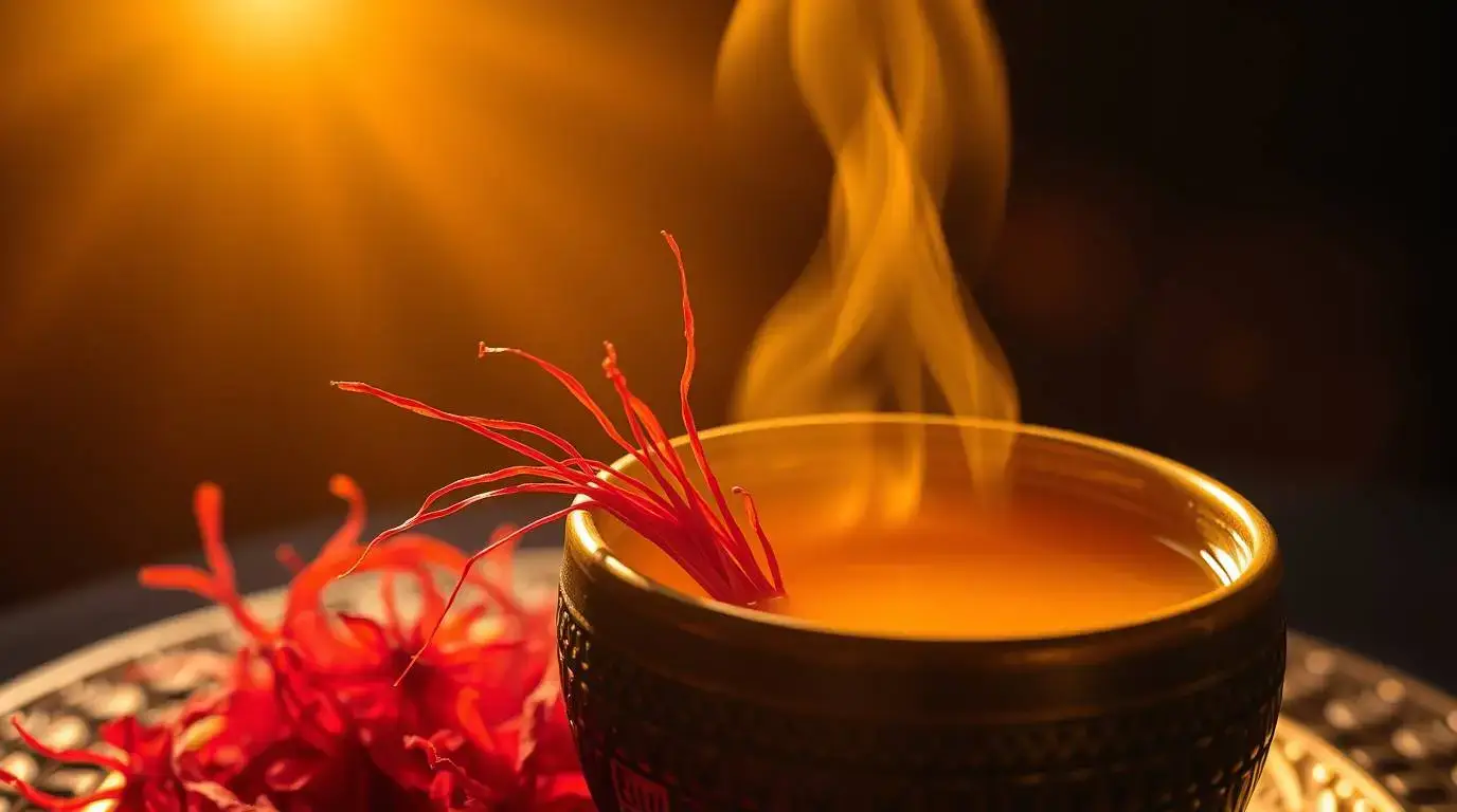 saffron threads blooming in warm broth in a small glass cup saffron threads blooming in warm broth in a small glass cup