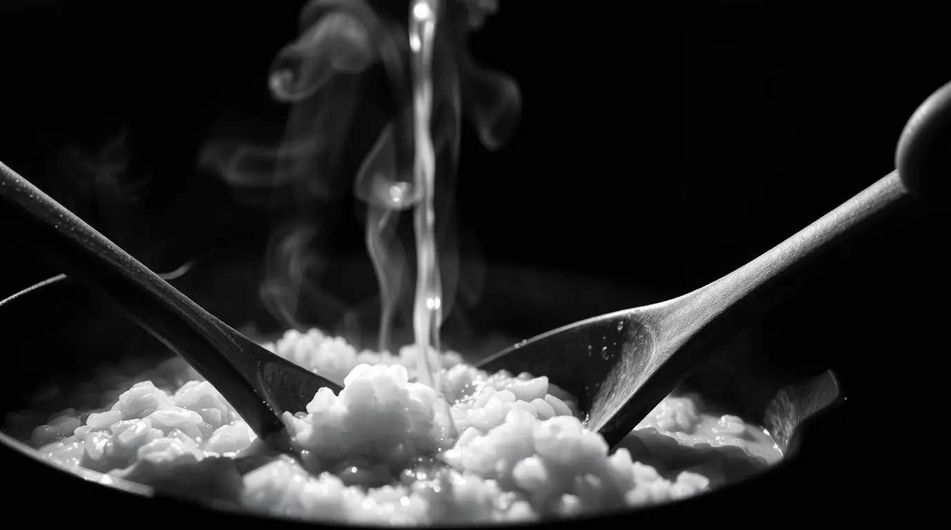 risotto being slowly stirred as broth is added ladle by ladle risotto being slowly stirred as broth is added ladle by ladle