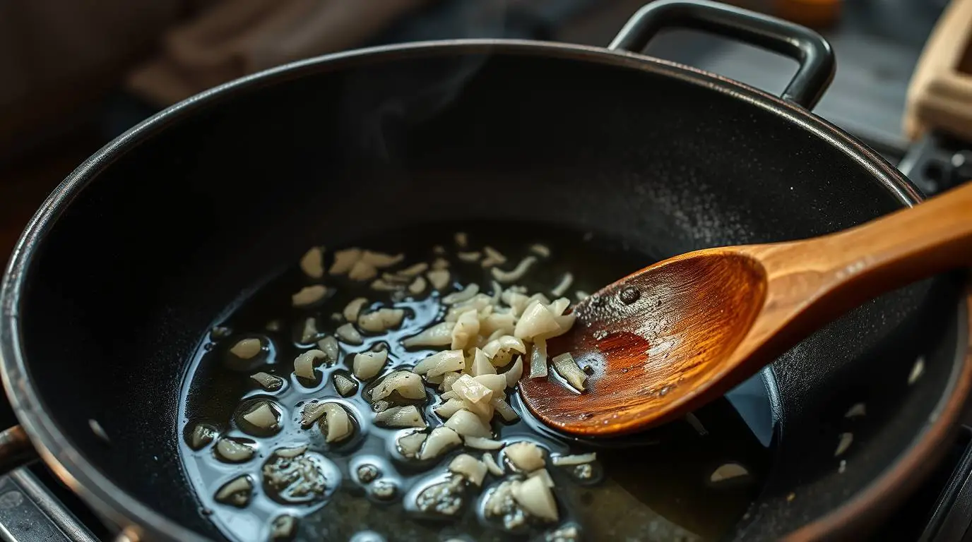 finely minced shallot sautéing gently in butter and olive oil finely minced shallot sautéing gently in butter and olive oil