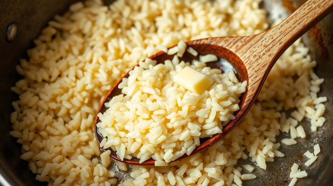 arborio rice being gently toasted in a pan with shallots arborio rice being gently toasted in a pan with shallots