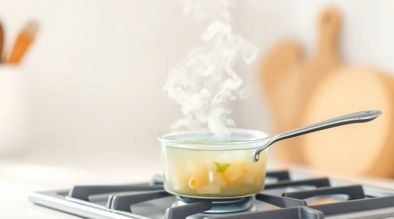 vegetable broth gently warming in a saucepan on the stove vegetable broth gently warming in a saucepan on the stove