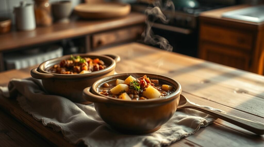 two bowls of red lentil and potato stew on a wooden table in warm evening light two bowls of red lentil and potato stew on a wooden table in warm evening light