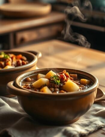 two bowls of red lentil and potato stew on a wooden table in warm evening light two bowls of red lentil and potato stew on a wooden table in warm evening light