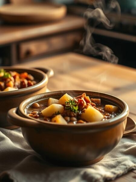 Two bowls of red lentil and potato stew on a wooden table in warm evening light