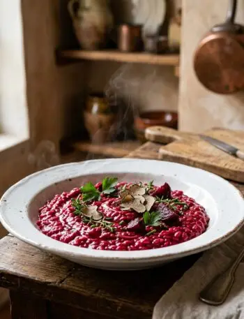 roasted beet and truffle risotto with deep red color plated elegantly with herbs and truffle, empress tarot inspired roasted beet and truffle risotto with deep red color plated elegantly with herbs and truffle, empress tarot inspired