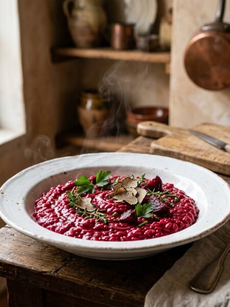 Roasted beet and truffle risotto with deep red color plated elegantly with herbs and truffle, Empress tarot inspired