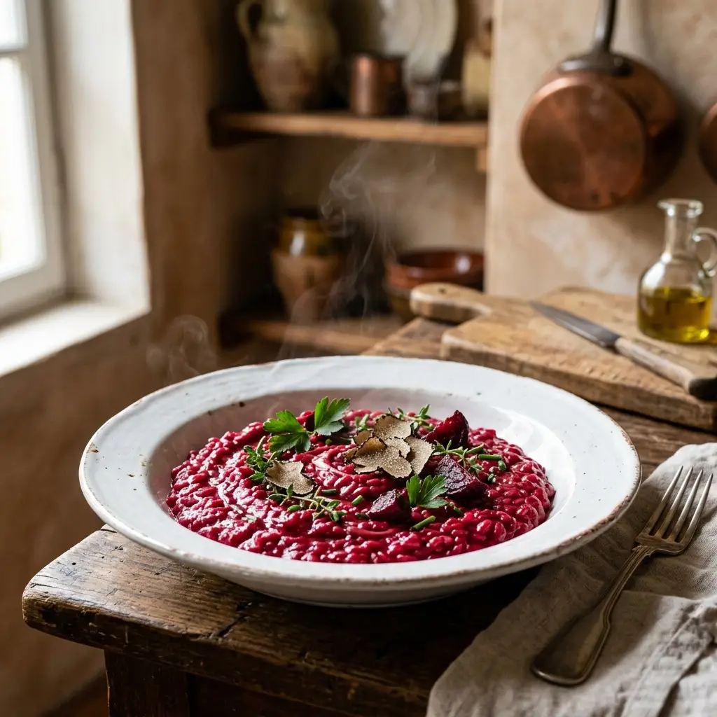roasted beet and truffle risotto with deep red color plated elegantly with herbs and truffle, empress tarot inspired roasted beet and truffle risotto with deep red color plated elegantly with herbs and truffle, empress tarot inspired