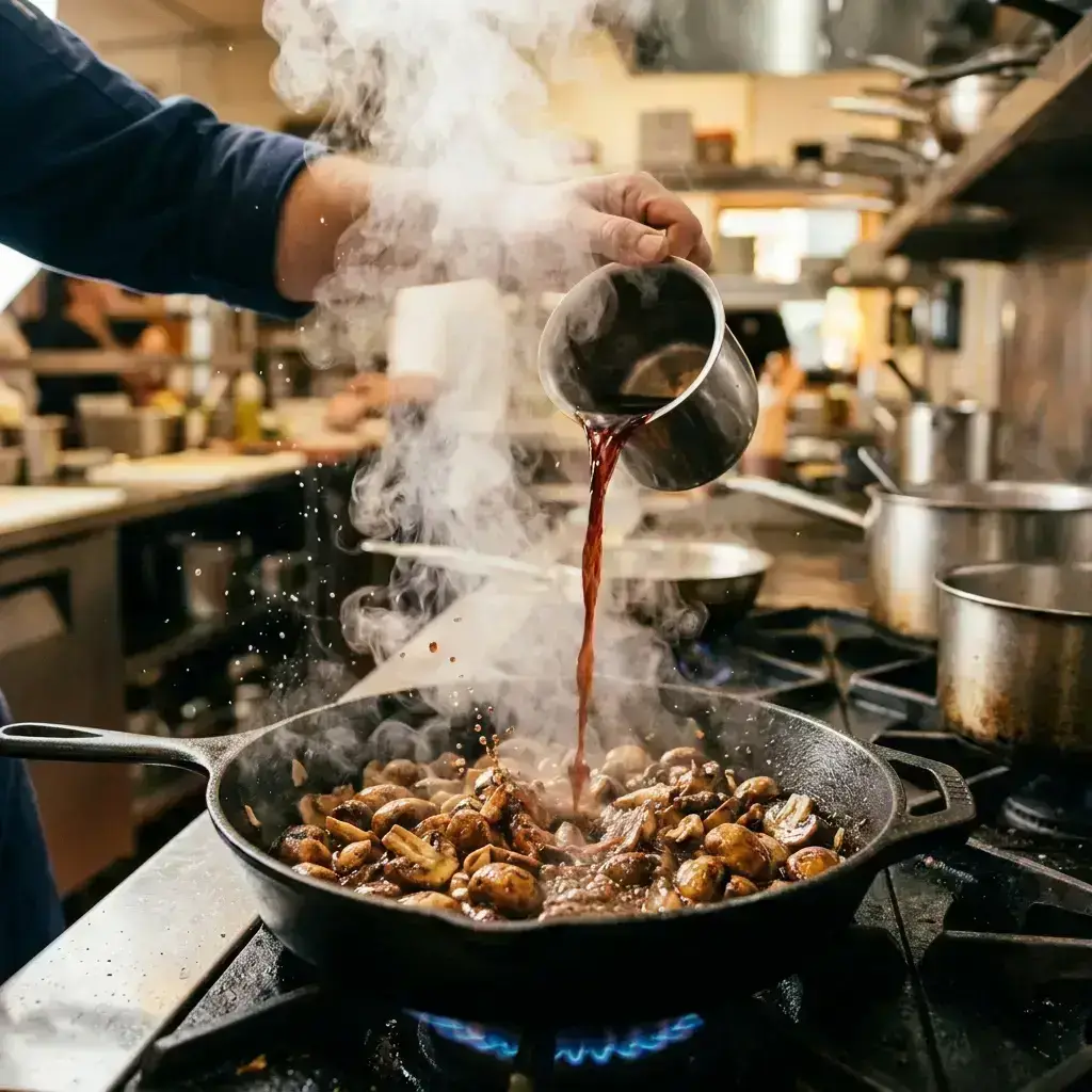 deglazing pot with broth or wine while cooking mushrooms deglazing pot with broth or wine while cooking mushrooms