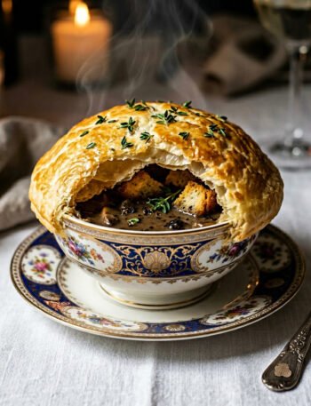 black truffle mushroom soup with puff pastry lid in elegant bowl, gourmet french style black truffle mushroom soup with puff pastry lid in elegant bowl, gourmet french style