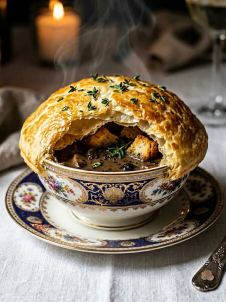Black truffle mushroom soup with puff pastry lid in elegant bowl, gourmet French style