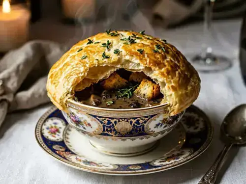black truffle mushroom soup with puff pastry lid in elegant bowl, gourmet french style black truffle mushroom soup with puff pastry lid in elegant bowl, gourmet french style black truffle mushroom soup with puff pastry lid in elegant bowl, gourmet french style