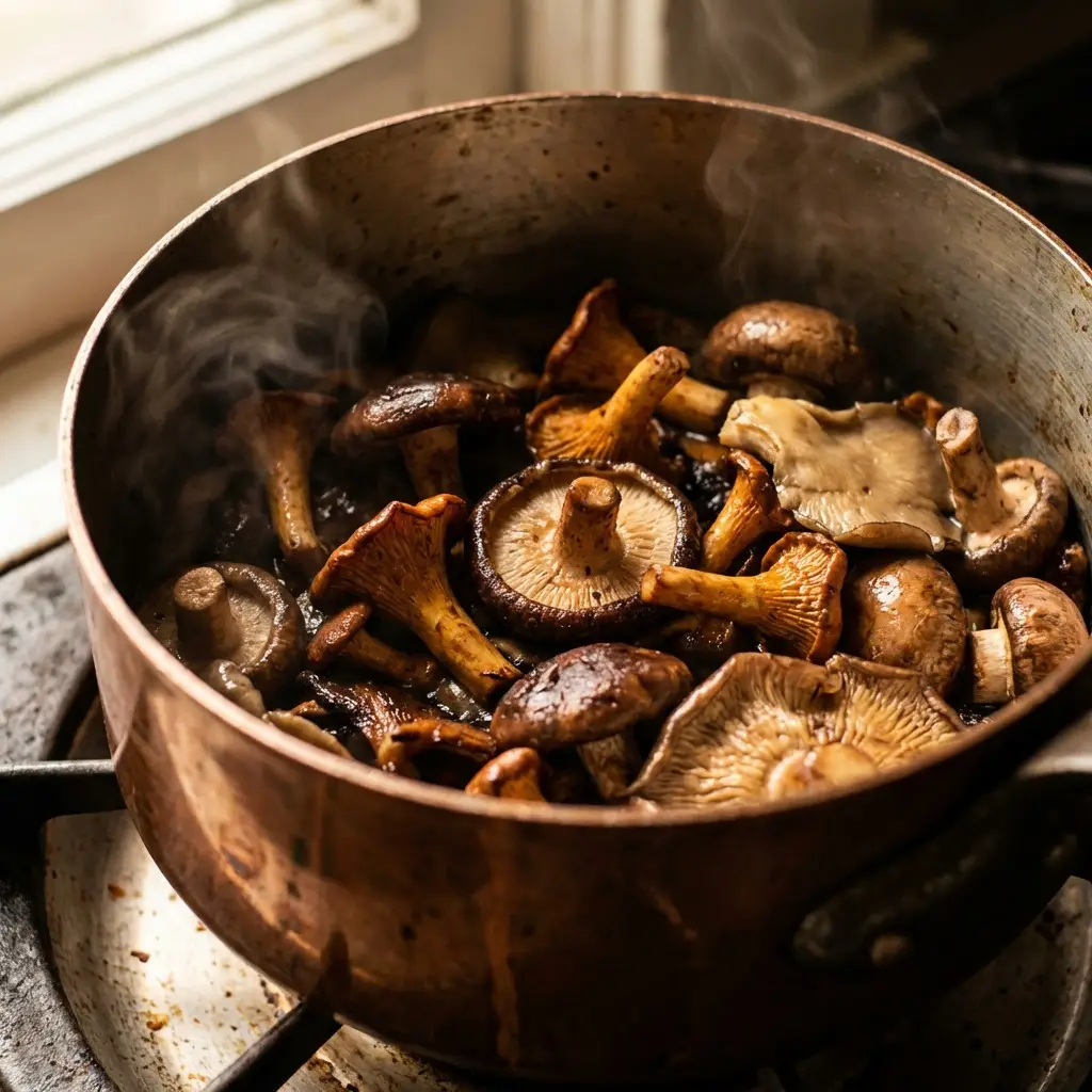 mushrooms cooking and releasing moisture in pot mushrooms cooking and releasing moisture in pot