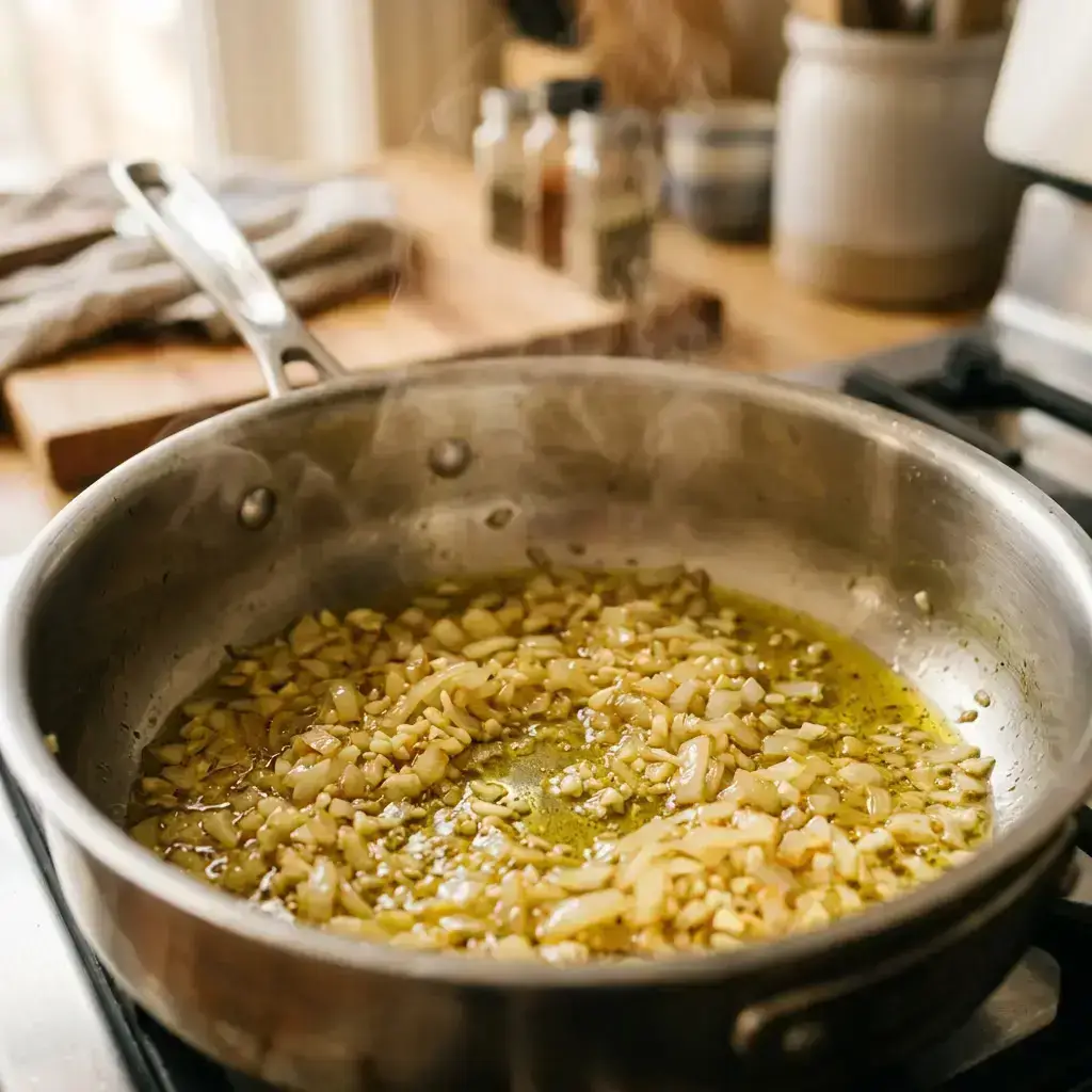 onions and garlic sautéing in a pot with olive oil onions and garlic sautéing in a pot with olive oil