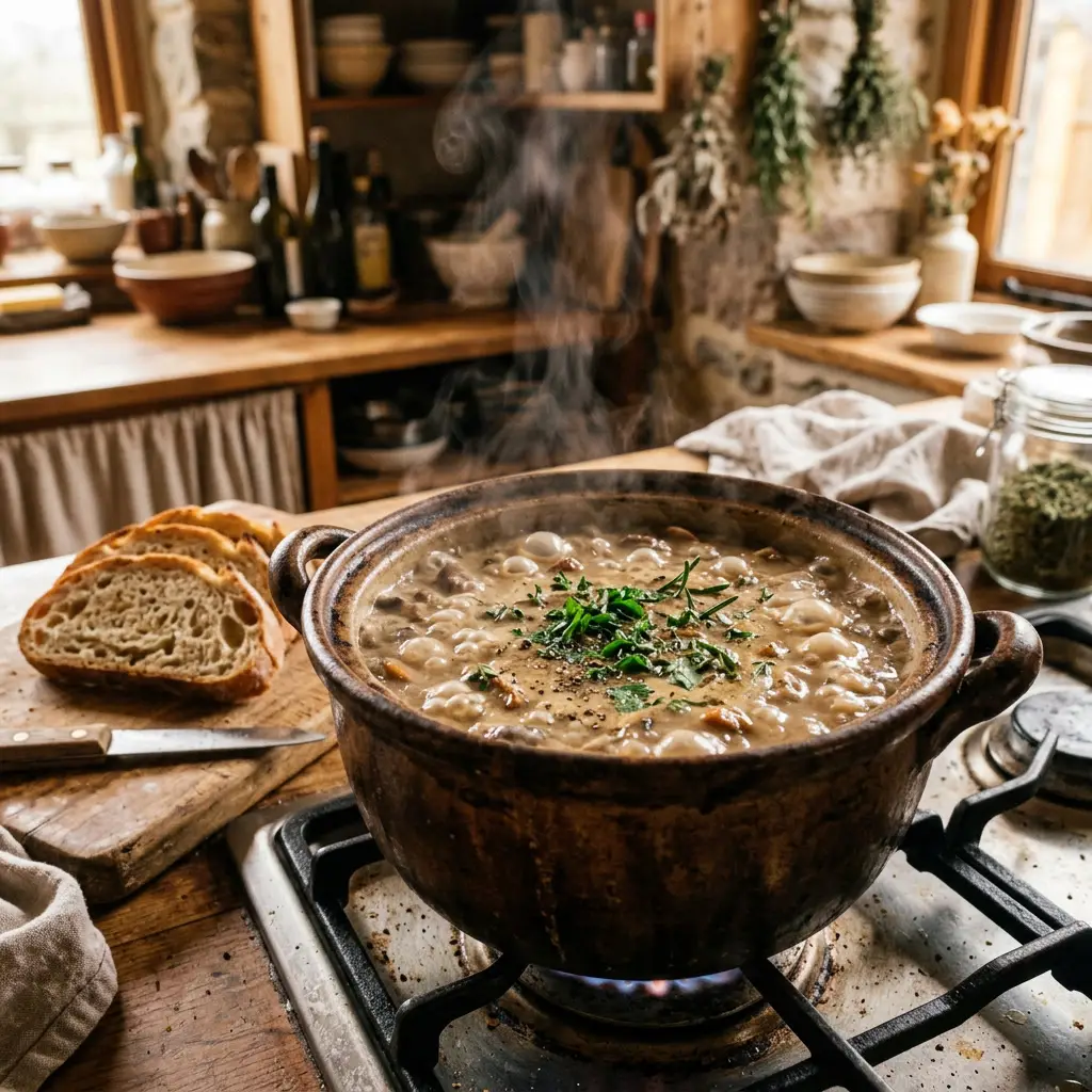 mushroom soup simmering in pot with herbs mushroom soup simmering in pot with herbs