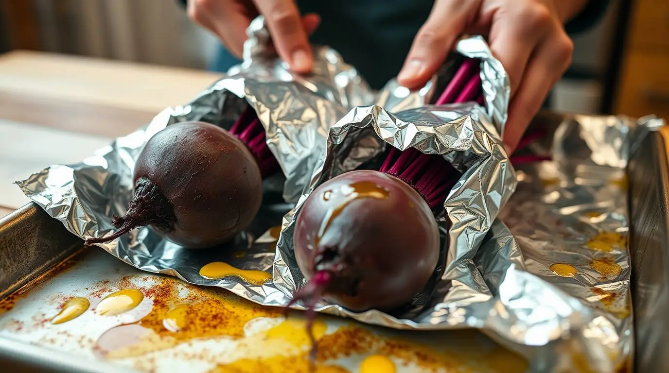 fresh beets wrapped in foil ready for roasting on baking tray fresh beets wrapped in foil ready for roasting on baking tray
