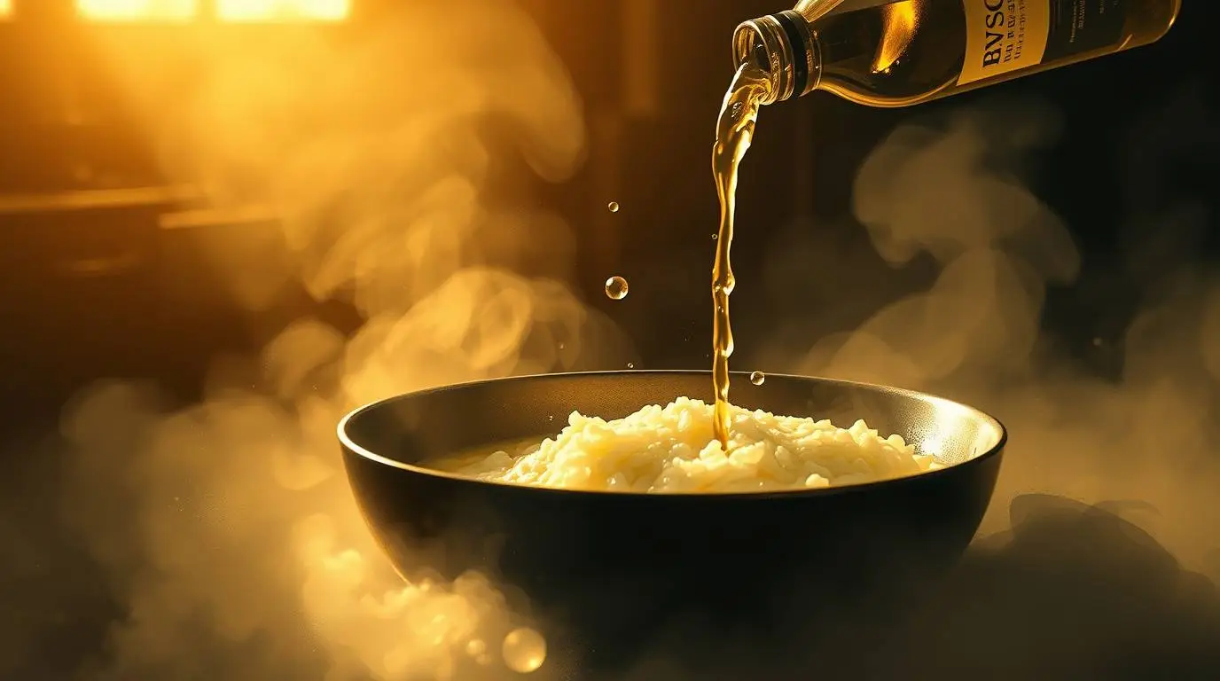 white wine being poured into risotto pan white wine being poured into risotto pan