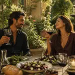 marco and lira enjoying red wine and beet salad in a sunlit garden setting with warm, relaxed atmosphere marco and lira enjoying red wine and beet salad in a sunlit garden setting with warm, relaxed atmosphere