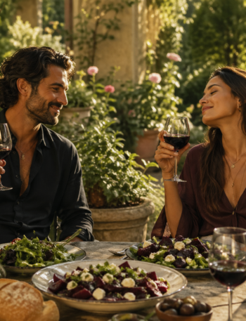 marco and lira enjoying red wine and beet salad in a sunlit garden setting with warm, relaxed atmosphere marco and lira enjoying red wine and beet salad in a sunlit garden setting with warm, relaxed atmosphere
