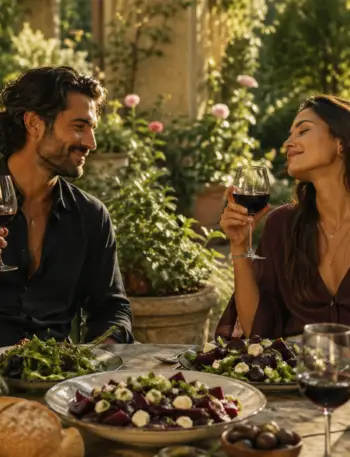 marco and lira enjoying red wine and beet salad in a sunlit garden setting with warm, relaxed atmosphere marco and lira enjoying red wine and beet salad in a sunlit garden setting with warm, relaxed atmosphere