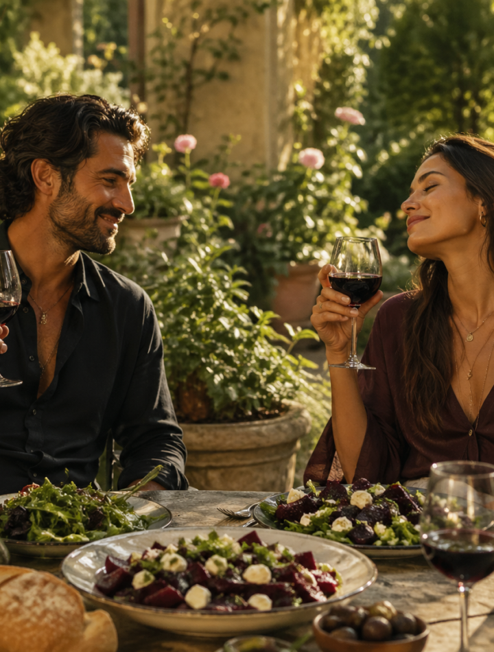 marco and lira enjoying red wine and beet salad in a sunlit garden setting with warm, relaxed atmosphere marco and lira enjoying red wine and beet salad in a sunlit garden setting with warm, relaxed atmosphere