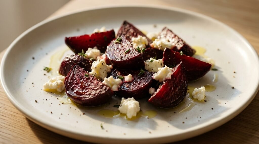 roasted beet and feta cheese salad with olive oil and thyme on a minimalist ceramic plate