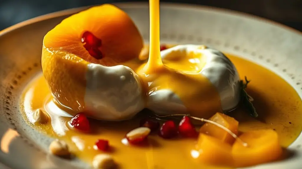 saffron poached quince with burrata opening and cream mixing into golden sauce saffron poached quince with burrata opening and cream mixing into golden sauce