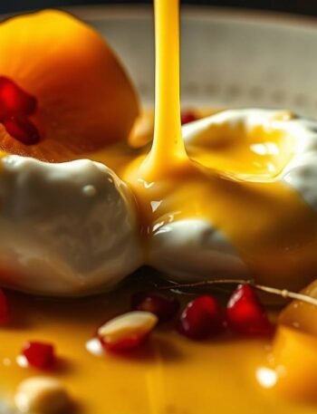 saffron poached quince with burrata opening and cream mixing into golden sauce saffron poached quince with burrata opening and cream mixing into golden sauce