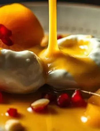 saffron poached quince with burrata opening and cream mixing into golden sauce saffron poached quince with burrata opening and cream mixing into golden sauce
