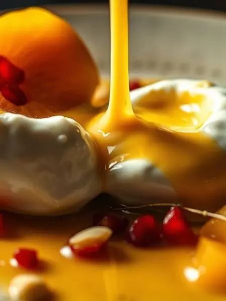 Saffron poached quince with burrata opening and cream mixing into golden sauce