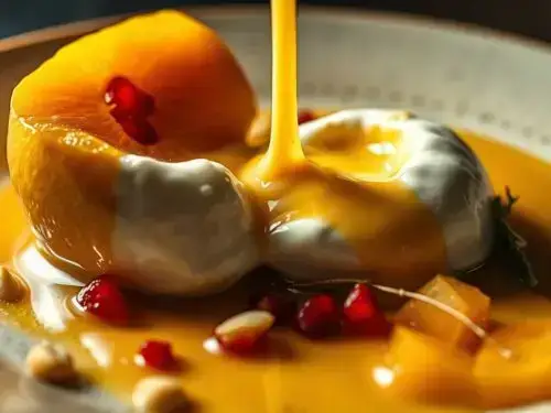 saffron poached quince with burrata opening and cream mixing into golden sauce saffron poached quince with burrata opening and cream mixing into golden sauce saffron poached quince with burrata opening and cream mixing into golden sauce