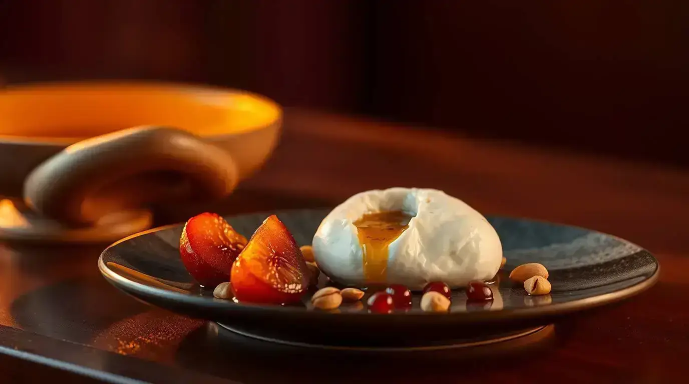 plated quince and burrata arranged before final touch plated quince and burrata arranged before final touch