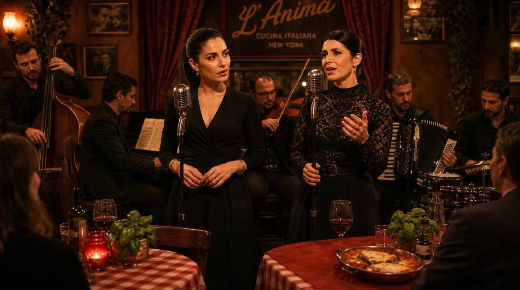 lira lombardi and giorgia lombardi performing “leave the gun, take the eggplant” with l’anima orchestra in a cinematic italian restaurant.