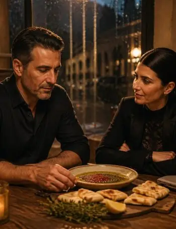 marco and lira sharing a sumac and za’atar ritual flatbread with olive oil inside l’anima restaurant, inspired by the three of swords tarot card and emotional grounding. marco and lira sharing a sumac and za’atar ritual flatbread with olive oil inside l’anima restaurant, inspired by the three of swords tarot card and emotional grounding.