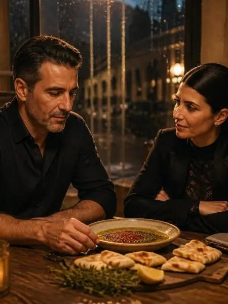 Marco and Lira sharing a Sumac and Za’atar ritual flatbread with olive oil inside L’Anima restaurant, inspired by the Three of Swords tarot card and emotional grounding.