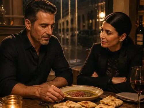 marco and lira sharing a sumac and za’atar ritual flatbread with olive oil inside l’anima restaurant, inspired by the three of swords tarot card and emotional grounding. marco and lira sharing a sumac and za’atar ritual flatbread with olive oil inside l’anima restaurant, inspired by the three of swords tarot card and emotional grounding.