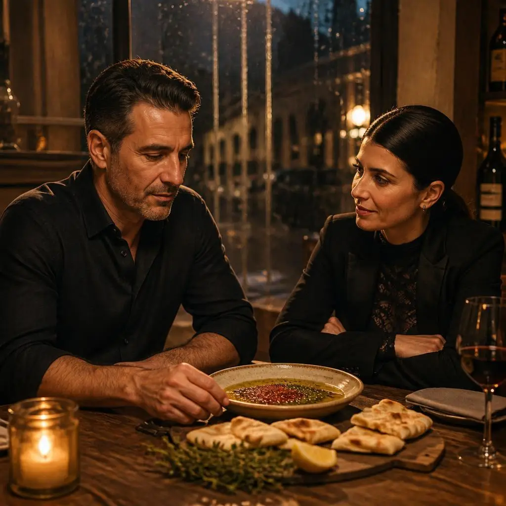 marco and lira sharing a sumac and za’atar ritual flatbread with olive oil inside l’anima restaurant, inspired by the three of swords tarot card and emotional grounding. marco and lira sharing a sumac and za’atar ritual flatbread with olive oil inside l’anima restaurant, inspired by the three of swords tarot card and emotional grounding.
