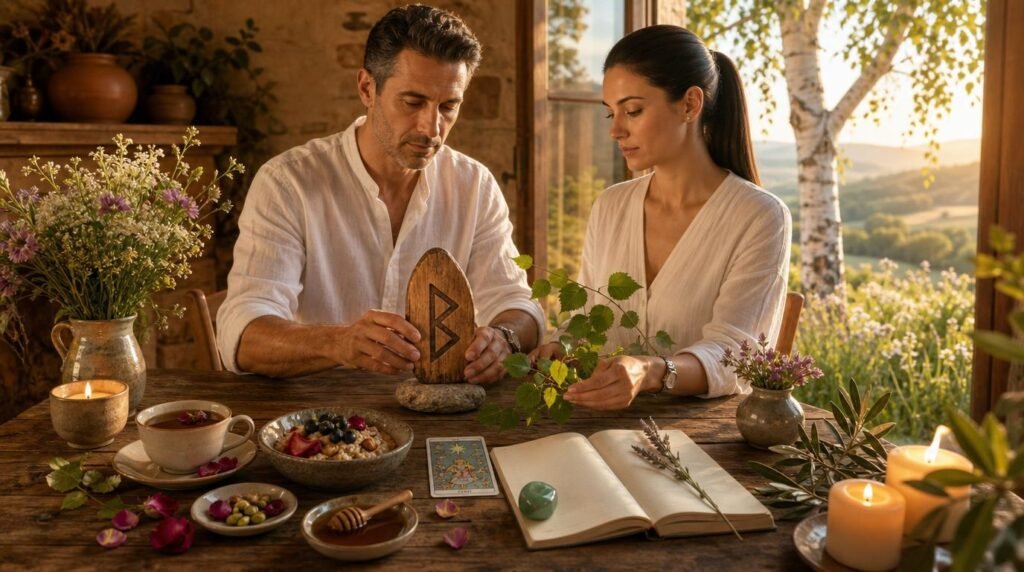 marco and lira honoring the berkano rune during a peaceful new moon morning ritual. marco and lira honoring the berkano rune during a peaceful new moon morning ritual.
