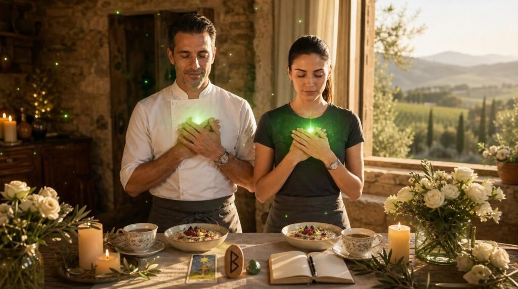 marco and lira offering a heart chakra blessing before their new moon breakfast ritual. marco and lira offering a heart chakra blessing before their new moon breakfast ritual.