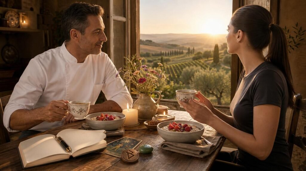 marco and lira sharing a peaceful new moon breakfast ritual at sunrise with tarot, runes, tea, and overnight oats. marco and lira sharing a peaceful new moon breakfast ritual at sunrise with tarot, runes, tea, and overnight oats.