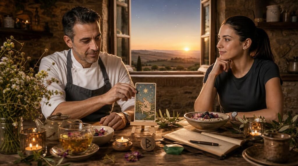 marco and lira reflecting on the star tarot card during a peaceful new moon morning ritual. marco and lira reflecting on the star tarot card during a peaceful new moon morning ritual.