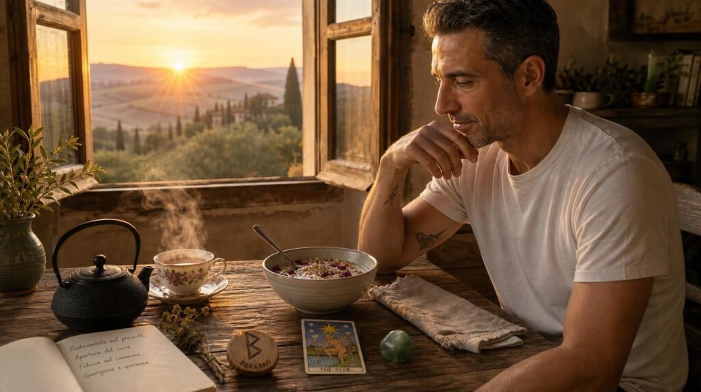 marco enjoying chamomile and rose overnight oats during a peaceful new moon sunrise ritual. marco enjoying chamomile and rose overnight oats during a peaceful new moon sunrise ritual.