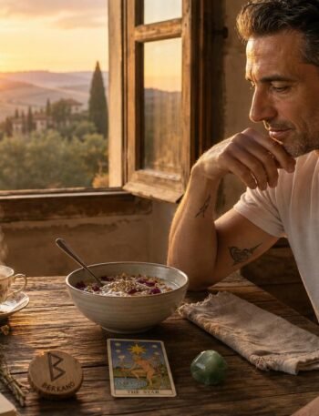 marco enjoying chamomile and rose overnight oats during a peaceful new moon sunrise ritual. marco enjoying chamomile and rose overnight oats during a peaceful new moon sunrise ritual.