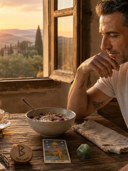 Marco enjoying chamomile and rose overnight oats during a peaceful New Moon sunrise ritual.