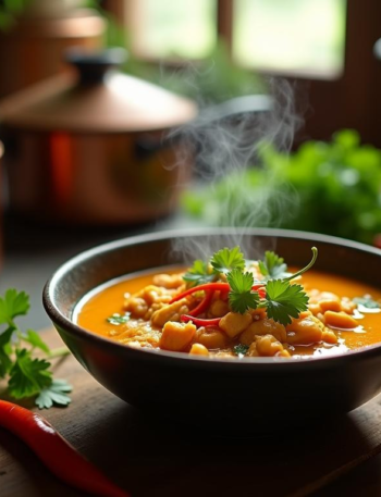 capture a striking image of a steaming bowl of vegetarian thai coconut curry, the main focal point, exuding vibrant colors and enticing textures. the dish is placed on a rustic wooden table, adorned with fresh cilantro leaves and red chili slices for an authentic touch. the backdrop features a warm, inviting kitchen with copper pots hanging in the background, illuminated by soft, diffused natural light streaming through a nearby window. the lighting creates gentle highlights on the curry's glossy surface and casts soft shadows, enhancing the depth and warmth of the scene. the predominant color palette includes rich, earthy tones like deep reds, vibrant greens, and creamy yellows, complementing the food's exotic flavors. the perspective is a slightly overhead shot, capturing the details of the dish and ingredients up close, inviting the viewer to savor the aroma and mouthwatering presentation. additional details such as a faint steam rising from the curry, subtle reflections on the table, and the play of light and shadows add realism to the scene. this high-resolution image, resembling a photograph taken by a sony a7iv camera, should convey the essence of a comforting, flavorful culinary experience with a touch of exotic flair. capture a striking image of a steaming bowl of vegetarian thai coconut curry, the main focal point, exuding vibrant colors and enticing textures. the dish is placed on a rustic wooden table, adorned with fresh cilantro leaves and red chili slices for an authentic touch. the backdrop features a warm, inviting kitchen with copper pots hanging in the background, illuminated by soft, diffused natural light streaming through a nearby window. the lighting creates gentle highlights on the curry's glossy surface and casts soft shadows, enhancing the depth and warmth of the scene. the predominant color palette includes rich, earthy tones like deep reds, vibrant greens, and creamy yellows, complementing the food's exotic flavors. the perspective is a slightly overhead shot, capturing the details of the dish and ingredients up close, inviting the viewer to savor the aroma and mouthwatering presentation. additional details such as a faint steam rising from the curry, subtle reflections on the table, and the play of light and shadows add realism to the scene. this high-resolution image, resembling a photograph taken by a sony a7iv camera, should convey the essence of a comforting, flavorful culinary experience with a touch of exotic flair.