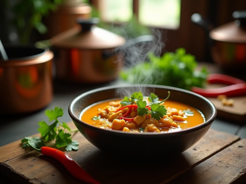 capture a striking image of a steaming bowl of vegetarian thai coconut curry, the main focal point, exuding vibrant colors and enticing textures. the dish is placed on a rustic wooden table, adorned with fresh cilantro leaves and red chili slices for an authentic touch. the backdrop features a warm, inviting kitchen with copper pots hanging in the background, illuminated by soft, diffused natural light streaming through a nearby window. the lighting creates gentle highlights on the curry's glossy surface and casts soft shadows, enhancing the depth and warmth of the scene. the predominant color palette includes rich, earthy tones like deep reds, vibrant greens, and creamy yellows, complementing the food's exotic flavors. the perspective is a slightly overhead shot, capturing the details of the dish and ingredients up close, inviting the viewer to savor the aroma and mouthwatering presentation. additional details such as a faint steam rising from the curry, subtle reflections on the table, and the play of light and shadows add realism to the scene. this high-resolution image, resembling a photograph taken by a sony a7iv camera, should convey the essence of a comforting, flavorful culinary experience with a touch of exotic flair. capture a striking image of a steaming bowl of vegetarian thai coconut curry, the main focal point, exuding vibrant colors and enticing textures. the dish is placed on a rustic wooden table, adorned with fresh cilantro leaves and red chili slices for an authentic touch. the backdrop features a warm, inviting kitchen with copper pots hanging in the background, illuminated by soft, diffused natural light streaming through a nearby window. the lighting creates gentle highlights on the curry's glossy surface and casts soft shadows, enhancing the depth and warmth of the scene. the predominant color palette includes rich, earthy tones like deep reds, vibrant greens, and creamy yellows, complementing the food's exotic flavors. the perspective is a slightly overhead shot, capturing the details of the dish and ingredients up close, inviting the viewer to savor the aroma and mouthwatering presentation. additional details such as a faint steam rising from the curry, subtle reflections on the table, and the play of light and shadows add realism to the scene. this high-resolution image, resembling a photograph taken by a sony a7iv camera, should convey the essence of a comforting, flavorful culinary experience with a touch of exotic flair. capture a striking image of a steaming bowl of vegetarian thai coconut curry, the main focal point, exuding vibrant colors and enticing textures. the dish is placed on a rustic wooden table, adorned with fresh cilantro leaves and red chili slices for an authentic touch. the backdrop features a warm, inviting kitchen with copper pots hanging in the background, illuminated by soft, diffused natural light streaming through a nearby window. the lighting creates gentle highlights on the curry's glossy surface and casts soft shadows, enhancing the depth and warmth of the scene. the predominant color palette includes rich, earthy tones like deep reds, vibrant greens, and creamy yellows, complementing the food's exotic flavors. the perspective is a slightly overhead shot, capturing the details of the dish and ingredients up close, inviting the viewer to savor the aroma and mouthwatering presentation. additional details such as a faint steam rising from the curry, subtle reflections on the table, and the play of light and shadows add realism to the scene. this high-resolution image, resembling a photograph taken by a sony a7iv camera, should convey the essence of a comforting, flavorful culinary experience with a touch of exotic flair.