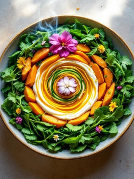 Circular mandala-style Buddha bowl arranged with five colored elements — rice, sweet potatoes, greens, seaweed, and coconut yogurt spiral — representing balance of Earth, Water, Fire, Air, and Ether.