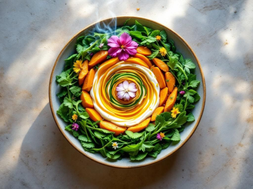 circular mandala-style buddha bowl arranged with five colored elements — rice, sweet potatoes, greens, seaweed, and coconut yogurt spiral — representing balance of earth, water, fire, air, and ether. circular mandala-style buddha bowl arranged with five colored elements — rice, sweet potatoes, greens, seaweed, and coconut yogurt spiral — representing balance of earth, water, fire, air, and ether.