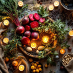 a rustic earthen table with clay bowls, fresh herbs, candles, and soil-stained hands arranging ingredients a rustic earthen table with clay bowls, fresh herbs, candles, and soil-stained hands arranging ingredients